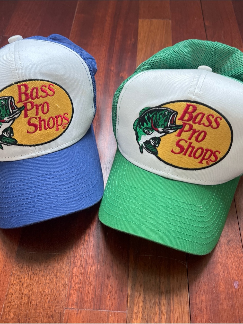 Bass Pro Shops White Front Trucker Hat with Green and Blue Mesh
